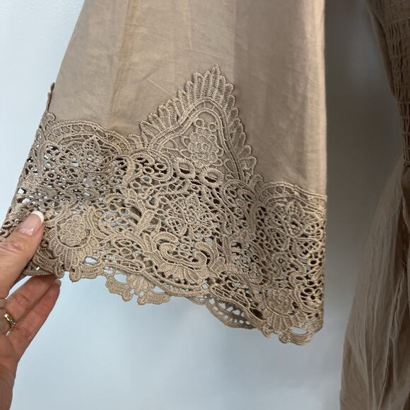Alessa W. Collection Blouse Tunic Women's sz 10 Khaki Smocked Lace Peasant Boho - Picture 6 of 9